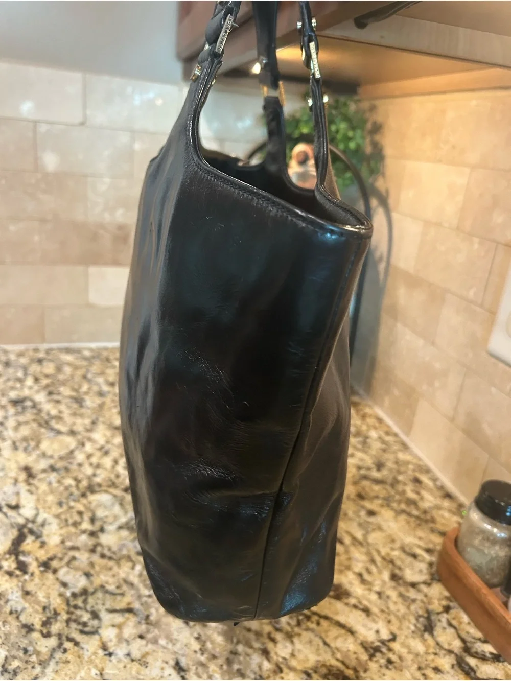 Tory Burch Black Leather Logo Tote with Gold Hardware